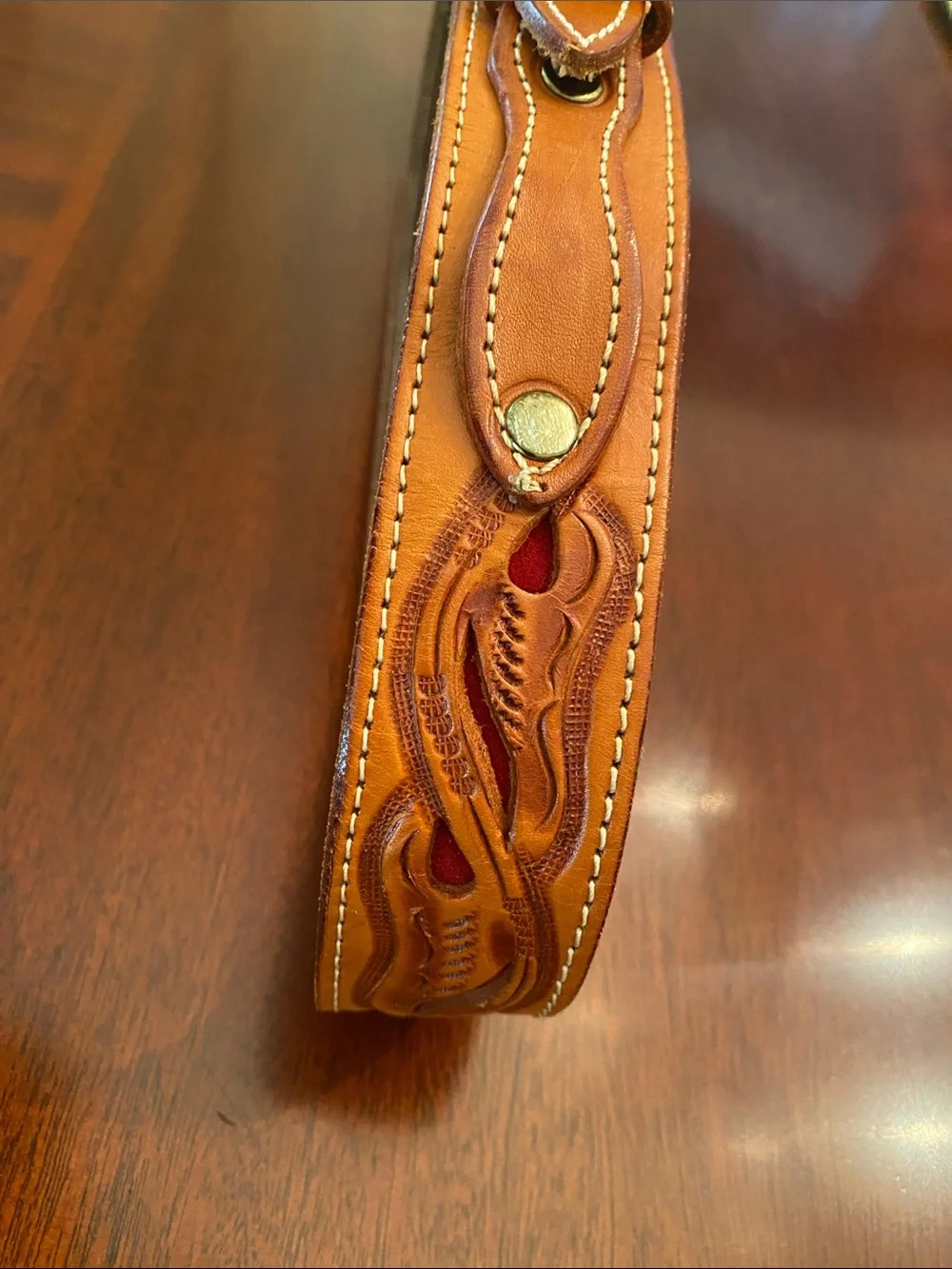 Unisex Leather RANGER Western-Style Tooled Belt with Red Accent